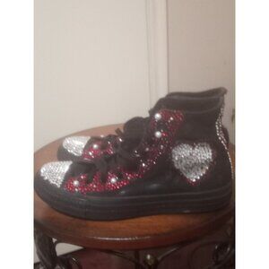 Women Blinged Out Custom Converse All Stars Valentine Day Heart Print Black Sz 8